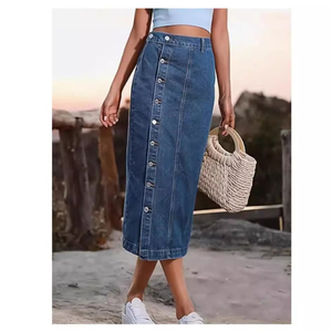 Falda Vaquera de Cintura Alta con Múltiples Botones para Mujer, Estilo Elegante y Urbano, Diseño Transpirable para Verano - Product Image 3