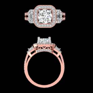 rose gold round halo engagement <b>ring</b> with emerald cut side stones and <b>split</b> shank pave band for women bridal jewelry gift - Product Image 3