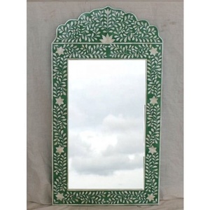Miroir mural incrusté d'os de Style indien moderne fabriqué à la main Installation facile à suspendre Accents en laiton de verre Décoration murale décorative - Product Image 1
