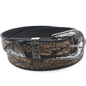 Cinturón de herramientas de cuero occidental para hombre en relieve de hoja de alta calidad con hebilla floral de estilo occidental antiguo grabado floral de 3 piezas - Product Image 2