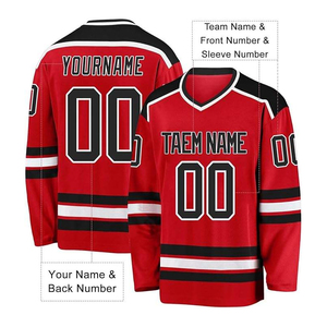 Maillot de hockey sur glace unisexe personnalisé rouge, col en V, impression sublimée, évacuation de l'humidité, respirant, anti-UV, manches longues, polyester, nom de l'équipe - Product Image 3