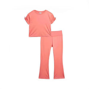 Women's Coral Two Piece Yoga Set Crop <b>Top</b> With Ruched Sleeves High Waist Flare Pants Stretchable Fabric Breathable Solid Color - Product Image 1