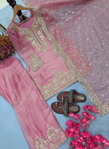 TENNECY Launching Designer Party Wear Nc Moss Silk <b>Top</b> Farshi Palazzo Dupatta Set Embroidery 5mm Sequences Stretchable - Product Image 4