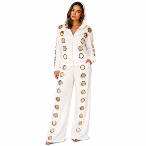 Luxury Women's Eyelet Hooded Tracksuit Set | Oversized <b>Zip</b>-<b>Up</b> <b>Jacket</b> & Wide Leg Pants | Premium Streetwear | Custom OEM Private - Product Image 4