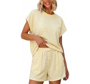 Women 2 Piece Shorts Set O Neck Short Sleeve Loose Fit Cotton Casual Summer Outfit Breathable Knitted Top and Shorts - Product Image 3