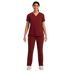 Conjunto de uniforme médico unisex color granate con cuello en V y pantalón, tejido de estambre ecológico de elastano/poliéster/rayón, apto para detección por radiofrecuencia. - Product Image 3
