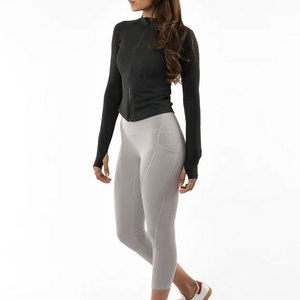 New Latest <b>Women</b> Full Zipper Collar Design Arm Hole <b>Long</b> Sleeve <b>Shirt</b> Fitness Yoga Top Short Length Gym Muscle Fit High Collar - Product Image 2