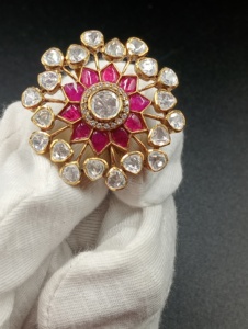Flower Shape Silver 24K <b>Gold</b> Plated Classic <b>Cocktail</b> <b>Ring</b> Red Doublet Stone Women's Wedding Ethnic Style Jewelry - Product Image 5