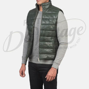 เสื้อกั๊กหนังแท้สีเขียวเข้มสำหรับผู้ชาย พรีเมียม ทรงเข้ารูป คอสูง ซิปหน้า บุนวม อุ่นสำหรับฤดูหนาว - Product Image 4