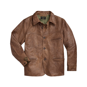 Blouson moto vintage pour homme en cuir PU écologique marron, style vêtement de travail hiver, col rabattable, fermeture simple devant - Product Image 1