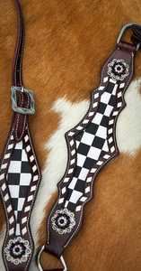 Harnais de cheval en cuir véritable noir et blanc à carreaux, style gladiateur, durable, léger et multifonctionnel. - Product Image 3