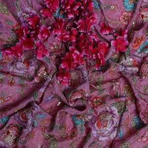 Charmant tissu en crêpe léger brodé de fleurs lilas mauve avec des accents de sequins complexes, style ethnique indien pour mariage AMBICA - Product Image 5