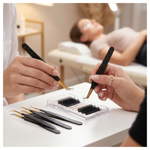 Pince à cils pour extensions de cils, pointe en fibre, en acier inoxydable japonais, inclinée à 45 degrés, noir mat, pour création de fans de volume intense - Product Image 5