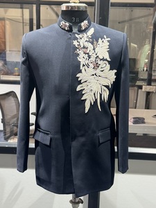 Blue Floral Hand Embroidered Bandhgala Jacket Indo Western <b>Prince</b> <b>Coat</b> Stretchable Wedding Party Formal Wear - Product Image 4
