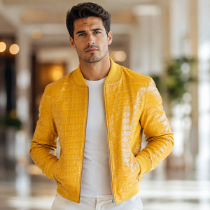 Blouson Bomber Homme en Cuir Gaufré Croco de Luxe LEATHER SPOT - Fermeture Éclair, Motif Écossais Imprimé, Décontracté d'Été - Product Image 1