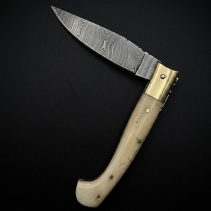 Couteau de chasse pliant artisanal en acier Damas avec étui en cuir OEM, équipement de survie pour le camping, lame à pointe tombante - Product Image 3