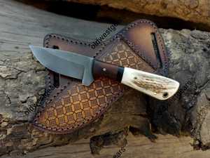 Cuchillo utilitario de acero de Damasco con hoja de punta curva, mango de madera, funda de cuero, 6.7 pulgadas de longitud total, grado DIY, punta afilada - Product Image 5