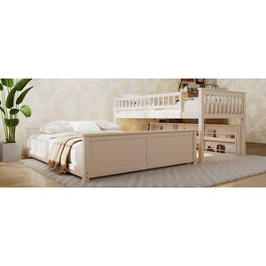 Lit superposé Twin XL sur Queen avec étagères intégrées, lumières à changement de couleur, panneau perforé beige – Lit de dortoir - Product Image 2
