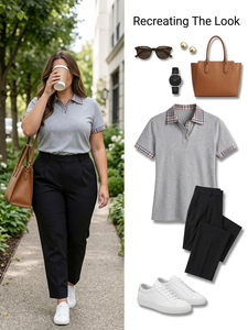 Polo gris pour femme avec col et poignets à carreaux, manches courtes, tricoté, 100% coton, coupe classique, fabriqué au Bangladesh - Product Image 3