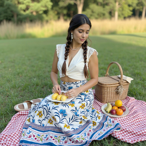 Elegant Bohemian Style Handmade Floral <strong>Print</strong> Women's Knee-Length Wraparound Skirt <strong>Bright</strong> Blue Yellow Cotton <strong>Fabric</strong>-Machine Made - Product Image 2