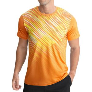 เสื้อยืดแขนสั้นคอกลมลายทางผู้ชาย แห้งเร็ว สปอร์ต ทรงปกติ ผ้าถักโพลีเอสเตอร์ สีส้มเหลืองขาว ลายพิมพ์ เสื้อยืดออกกำลังกาย - Product Image 1