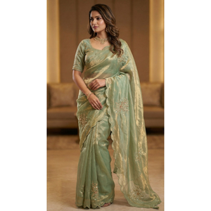 Sari Tradicional de Organza Bordado en Verde Claro de Algodón de Lujo para Niñas con Borde Festoneado para Bodas y Fiestas - Product Image 1