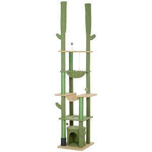 Árbol para Gatos y Rascador de 89-100 Pulgadas, Verde, de Piso a Techo, con Poste para Cepillado y Hamaca Tipo Condo para Gatos - Product Image 1