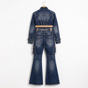 Conjunto de Dos Piezas de Mezclilla Azul Oscuro para Mujer, Chaqueta Corta con Cierre y Jeans Acampanados, Ropa de Moda Personalizada al por Mayor - Product Image 6