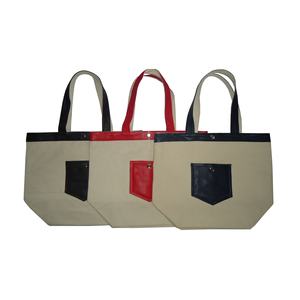 Bolsa de Mano de Lona de Algodón Natural de 12 oz en Colores Surtidos, Bolsillo de Cuero Genuino y Cierre de Botón a Presión en la Parte Superior, Bolsa de Compras - Product Image 2