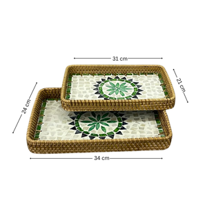 ถาดจัดระเบียบโต๊ะลายใบไม้สีเขียวมุกสวยงาม ชุดถาดเก็บของหวาย 2 ชิ้น - Product Image 1