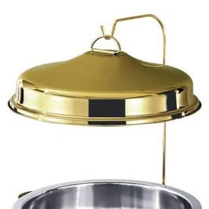 Plat à chafing classique rond en acier inoxydable doré avec couvercle relevable, crochet de suspension et brûleur à combustible pour la restauration et les banquets du Golfe - Product Image 3