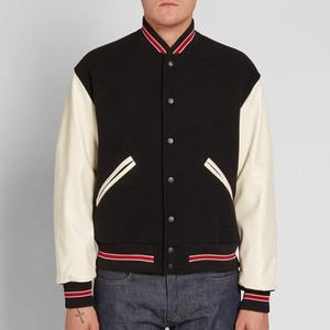 Men's Black Varsity <b>Jacket</b> With Cream PU <b>Leather</b> Sleeves Turn-down Collar Button Closure Casual Autumn Wear - Product Image 3