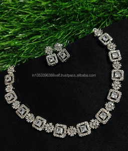Classic American Ethnic Diamond Bridal <b>Set</b> Two-Piece Necklace Earrings for Wedding Anniversary Gift Party Silver Plated Alloy - Product Image 1