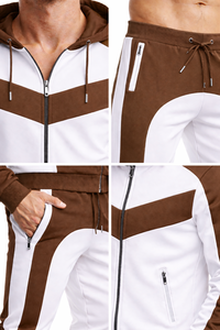 Unisex Brown & White Hooded Tracksuit Set – <b>Zip</b> <b>Up</b> <b>Jacket</b> with Jogger Pants, Slim Fit Casual Sportswear Gym Fitness Outfit - Product Image 6