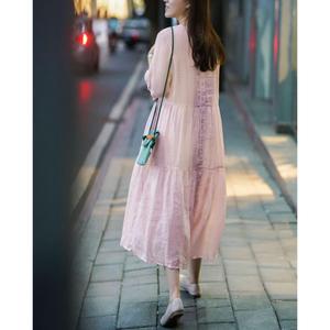 Bohemian Pink Cotton Linen Midi <b>Dress</b> With O-Neck <b>Loose</b> Fit Short Sleeve Summer Casual Women's Maxi <b>Dress</b> - Product Image 2