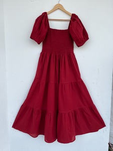 Women Burgundy Smocked Cotton Maxi Dress Square Neck Puff Sleeve Tiered Solid <b>Summer</b> Wholesale - Product Image 5