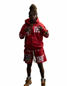 Conjunto de Sudadera y Pantalones Cortos Oversize Vintage con Estampado Serigrafiado, Personalizado con Pedrería en Toda la Superficie, Sudadera Corta con Cremallera y Pantalones Cortos para Hombre - Product Image 1