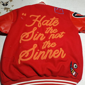 Red Color Casual <b>Long</b> Sleeve Single Button Wool & PU <b>Leather</b> Eco-Friendly Breathable Baseball Varsity <b>Jackets</b> - Product Image 3