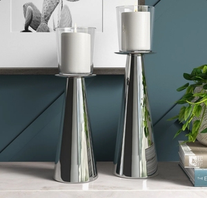 Wholesale Silver Metal Cone Pillar <b>Candle</b> <b>Holder</b> Set with <b>Glass</b> <b>Hurricane</b> Modern Table Centerpiece Wedding Home Decor - Product Image 1