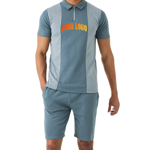 Ensemble 2 pièces bleu pour homme : Polo à manches courtes zippé et short – Tenue streetwear d'été personnalisable avec logo – Dernier style respirant - Product Image 1