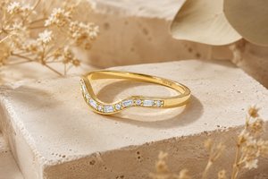 Wholesale 14K Yellow Gold Curved Wedding Band <b>Ring</b> with Round and Baguette Cut Moissanite Accent Minimalist Luxury <b>Stacking</b> <b>Ring</b> - Product Image 2