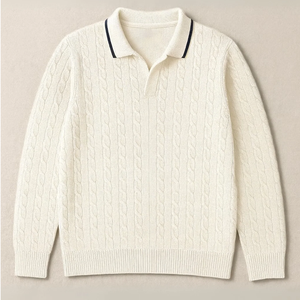 <b>Men's</b> Cream Cable Knit Pullover <b>Sweater</b> Full Sleeve Solid Color Autumn Knitted Polo Neck <b>Sweater</b> - Product Image 1