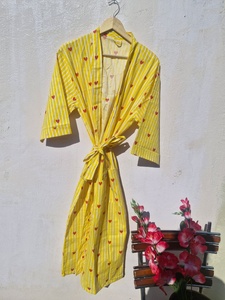 Robe Kimono en Coton à Rayures Cœur, Peignoir Léger Fait Main Imprimé au Bloc, Tenue de Détente Bohème pour l'Été, la Plage et le Spa - Product Image 2