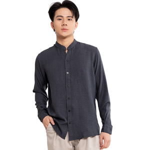 Chemises décontractées pour hommes à manches longues, col mandarin, bouton unique, séchage rapide, personnalisables en gros (ODM), en polyester/coton tissé 160g - Product Image 1
