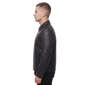 Veste en cuir pour homme, style motard, entièrement boutonnée, manches longues, avec poches poitrine - Product Image 3