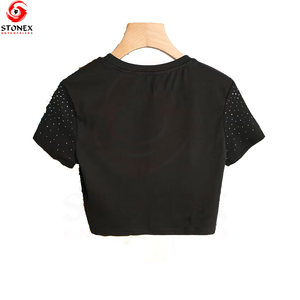 Nouveau T-shirt court à manches courtes pour femme, col rond, noir, respirant, avec motif en strass, pour l'été - Product Image 3