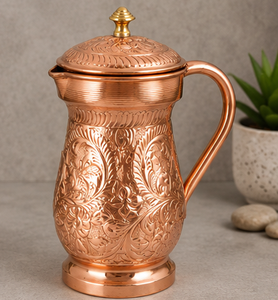 Pichet à eau en cuivre artisanal avec couvercle, design floral embossé vintage, grande capacité, vaisselle pour la maison, bien-être ayurvédique indien - Product Image 6