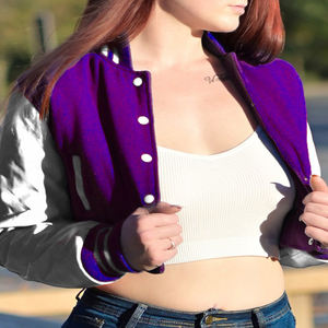 Chaqueta Corta Estilo Universitaria para Mujer, Color Morado y Blanco, Estilo Bomber, Mangas de Cuero Sintético, Ropa Exterior Informal, Moda Femenina - Product Image 1