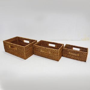 Eco Friendly Brown Rattan <b>Shelf</b> <b>Storage</b> <b>Basket</b> Set Closet Organizer Bins <b>with</b> Built in Handles - Product Image 6