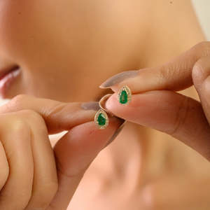 14K White Gold Pear Cut Emerald <b>Halo</b> Drop <b>Earrings</b> with Pearl Accents - Product Image 1